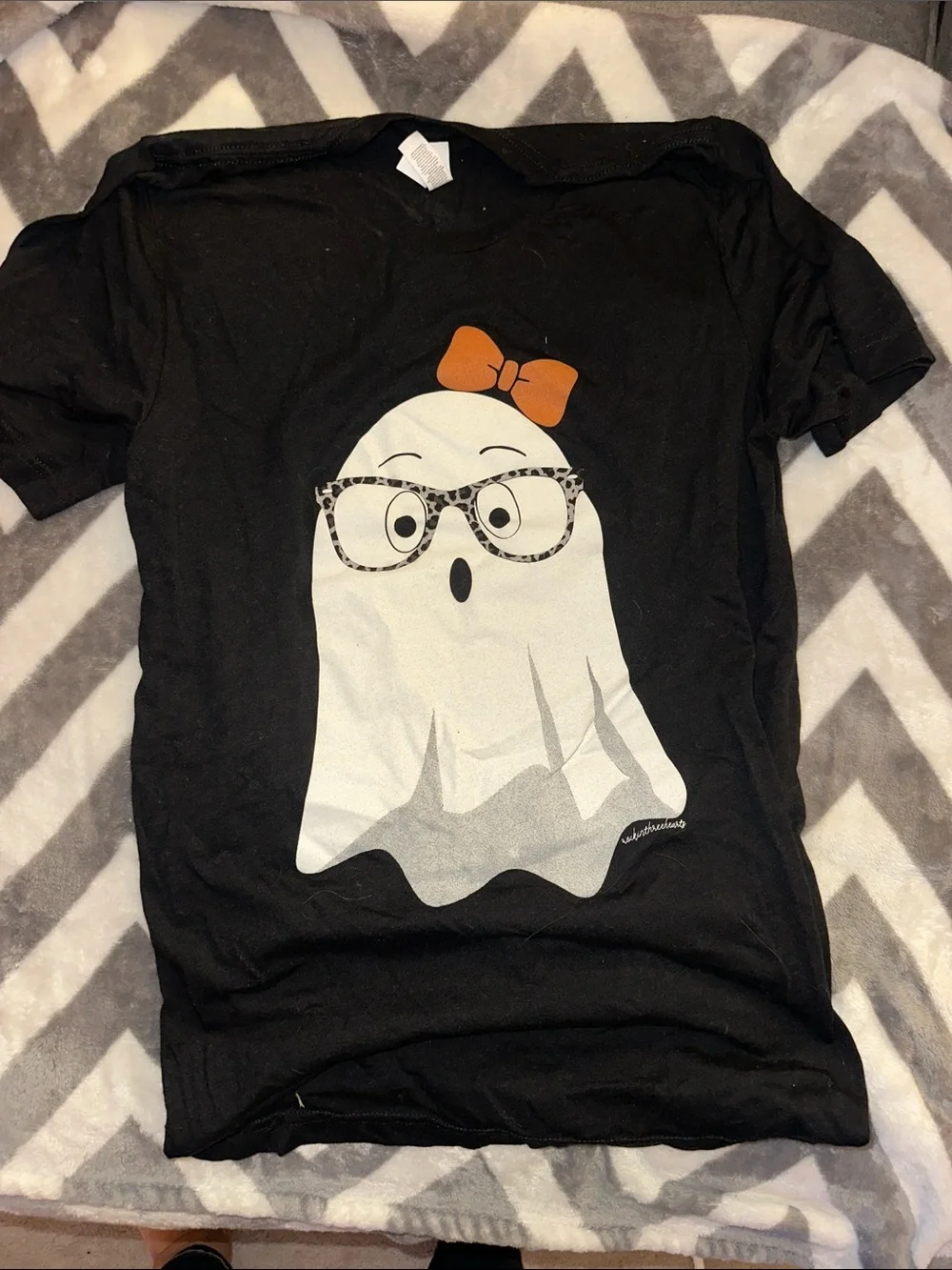 Bella Canvas Black Tee with White Ghost, Leopard Glasses & Orange Bow